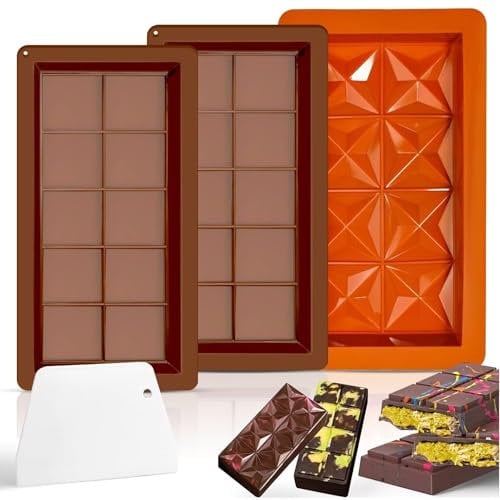 Audasi 3Pcs Chocolate Moulds Silicona Moldes De Chocolate Antiadherentes Reutilizables Diy Moldes De Chocolate Grandes En Forma De Diamante Y Cuadrado Con Rascador De Banco