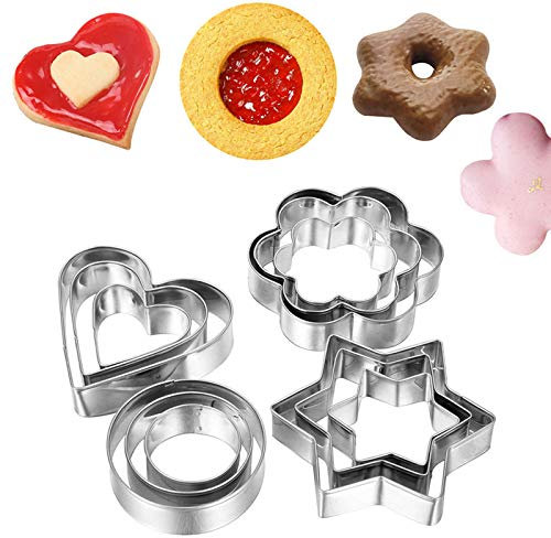 Cookie Cutters, 12 Pcs Cute Round Heart Star Flowers Cookie Cutter Stainless Steel Biscuits Cutters Molds Baking Tools for Christmas Halloween Birthday Biscuit Pastry Sandwich Cake (Silver 12pcs)