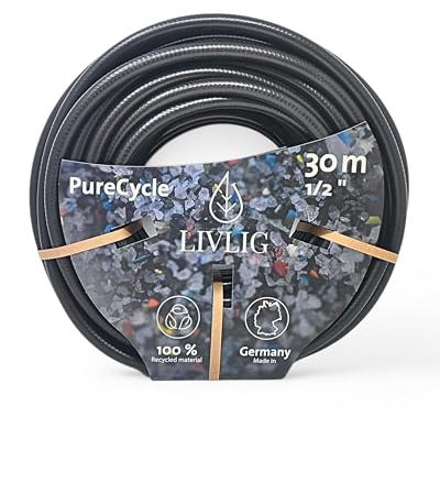 LIVLIG Gartenschlauch 30m, schwarzer Gartenschlauch 1/2 Zoll Made in Germany, Wasserschlauch 30m aus 100% Recyclingmaterial, PureCycle