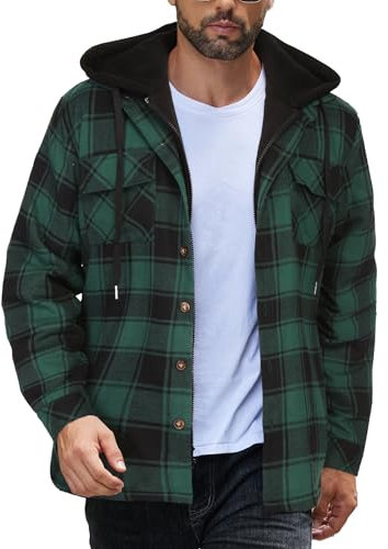 COOFANDY Giacca Camicia da Uomo Casual da Boscaiolo Camicia a Quadri con Cappuccio Giacca Invernale Spessa da Lavoro con Tasche Verde Scuro M