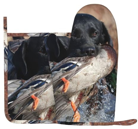 Ente Jagd Labrador Hund Cool Schwarz Welpen Tier, Ofenhandschuhe und Topflappen-Set, hitzebeständige, rutschfeste Küchen-Ofenhandschuhe aus Silikon