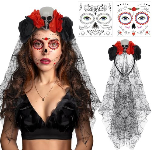 Meleager Rosen Totenkopf Haarreif, Dia de Muertos Haarreif, Halloween Kopfschmuck Damen mit Schleier, Schädel und Rot Schwarze Blume, Temporäres Gesichtstattoo, für Tag der Toten, Halloween, Karneval