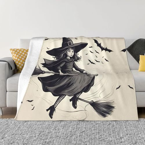Halloween-Hexe fliegende Decke, weich, gemütlich und flauschig, leicht, luxuriös, Flanell, niedlich bedruckte Decke