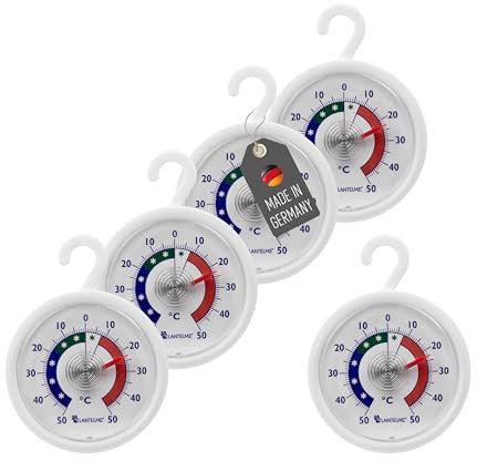 Lantelme 5 Stück Kühlschrankthermometer Set mit Haken zum Aufhängen – Für Gefrierschrank, Gefriertruhe, Kühltheke, Weinschrank – Analoges Thermometer für präzise Temperaturkontrolle