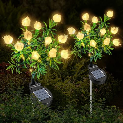 Qoosea Luci Solari da Giardino Esterna, 2 Pezzi Lampada Solare Fiori di Gardenia LED Esterno, Lampade Solari IP65 Impermeabile, Decorazione per Cortile Prato Patio Nozze Natalizia Feste (Bianco Caldo)