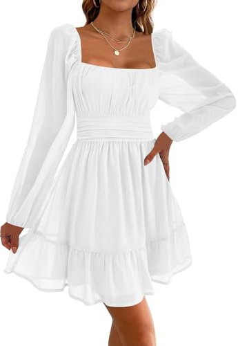 Imily Bela Damen Kleider Square Neck Partykleid Mesh Minikleid High Waist Falten Langarmkleid Hochzeitsgast mit Rüschen(Weiß, M)