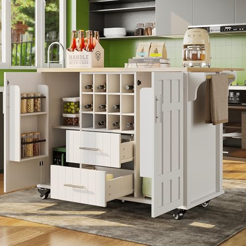 Kücheninsel Küchenschrank mit arbeitsplatte mit Klappbarer Tischplatte, 120x46(70) x91 cm, mit Rollen und austauschbaren Holzbeinen, Kitchen Island Freistehend, für Küche und Esszimmer (Weiß - C)