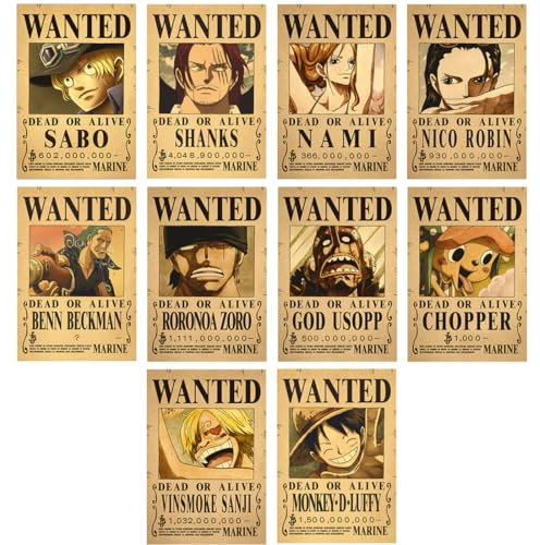 VPOUERY 10 Stück Anime Poster,Anime Deko,7,8 x 11,2 Zoll Anime Neueste Wanted Poster Edition Strohhut Piraten,Anime Wanddeko,Wanted Decor Posters