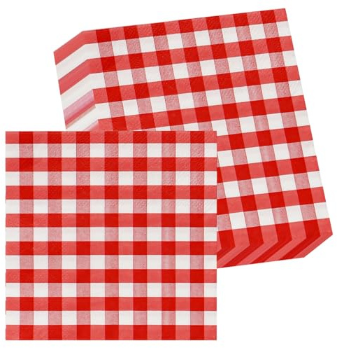 Checkered Gingham Paper Napkins, Disposable Cocktail Napkins, 40 Pcs 25 x 25cm, for BBQs, Parties, Afternoon Tea, Restaurants, Bars, Picnics, Red