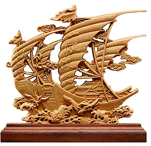 7LiuYueFei6 Thuja Wood Sailboat Sculpture Decorative Dish Double Sided Hollow Wood Carving Lucky Gift Boat Home DecorStatue SurongL