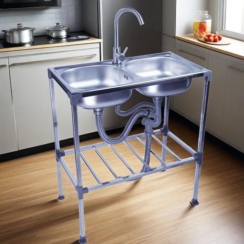 Lavello in Cucina Acciaio Inox,Lavandino Autoportante Interno e Esterno Vasca doppia,Lavelli da Commerciale con Rubinetto,Lavello Professionale per Garage,Ristorante