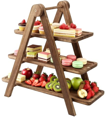 Wooden 3 Tier Serving Tray, Yolispa Rustic Detachable Tiered Cupcake Stand, Food Stands for Display, Decorative Wood Serving Platter Tray for Wedding, Birthday, Party, Picnic