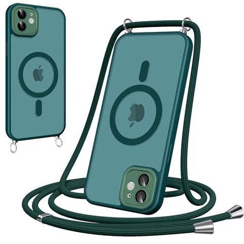 Pnakqil Magnetische Handyband mit Band für iPhone 12 Hülle -Necklace HandyHülle Durchscheinende mit Kameraschutz,justierbarer und Abnehmbarer Kette,Crossbody Magnet Cover,Grün