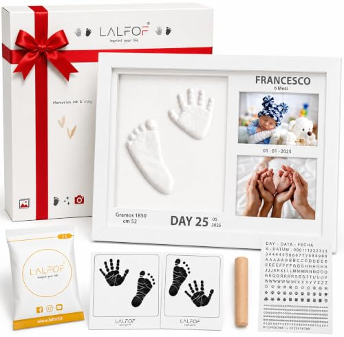 Lalfof® Cornice Impronta Mani e Piedi Neonati 2in1 con Nome. Cornice impronte neonato con kit in argilla e inkpad. Idea regalo per neonato maschio o regalo neonata femmina. kit impronte neonato 2in1