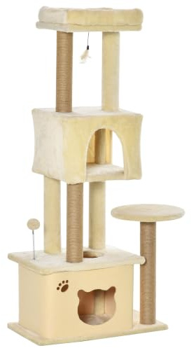 PawHut Albero per Gatti Adulti Tiragraffi 60x34x136 cm Beige | Cuccia Rimovibile, Tiragraffi per Gatti Multilivello, Pali in Iuta, 2 Cucce, Palle Giocattolo