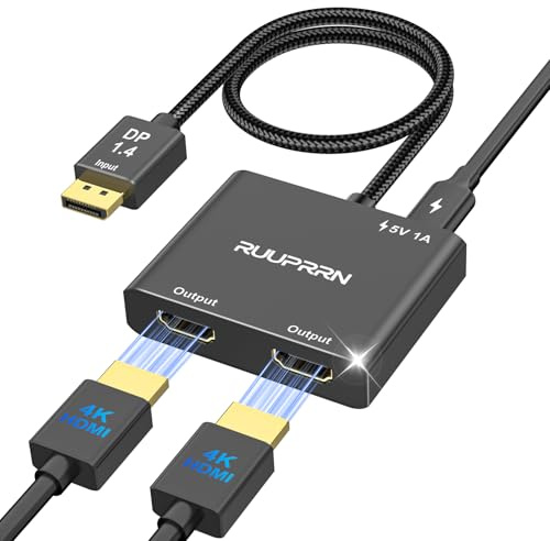 4K60 DisplayPort to Dual HDMI Adapter, DP 1.4 Source to HDMI 2.0 Splitter for Dual Monitors, Display Port to HDMI Splitter, 1 in 2 Output, Extended Display, Compatible with PC, NVIDIA