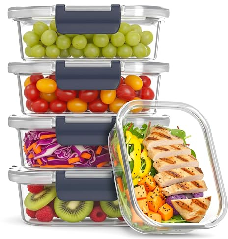 Aurexa Living 5 Pack 36 oz (1040 ml) Glass Containers with Lids, Food Storage & Glass Meal Prep Containers, BPA-Free, Microwave, Oven, Freezer & Dishwasher Safe.