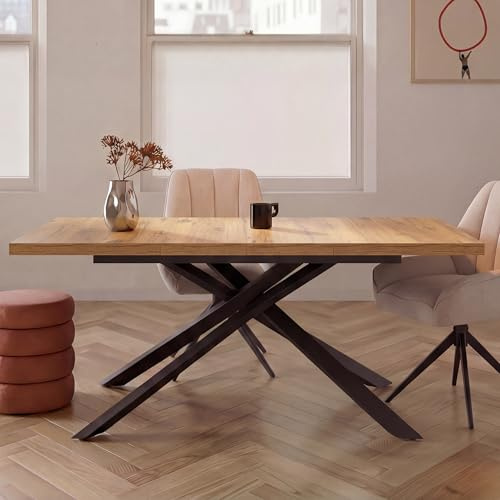 DUBI Möbel MALTE Esstisch ausziehbar 140–180–220 × 90 × 76 cm, Eichen Optik, Metall X-Gestell, modern & pflegeleicht, 6–10 Personen