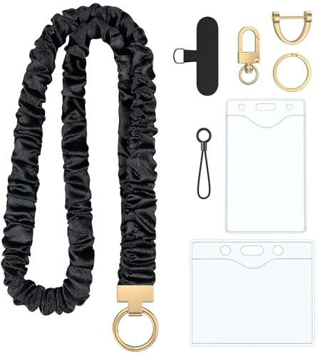 Uniclife Scrunchie Lanyard, Niedliche Lanyards für Ausweise, Lehrer-Lanyard mit Ausweishalter, Dehnbare Lanyards für Lehrer & Frauen, Lanyards für Schlüssel, Schwarzer Schlüsselbund-Lanyard