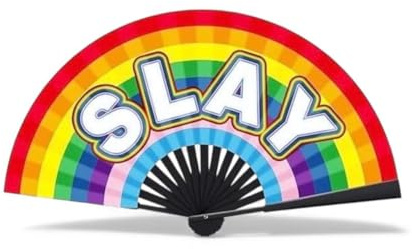 Large Folding Printed Hand Held Rave Fan for Festival Dance Clubbing Party Decor Parade Halloween Hand Fan (Rainbow SLAY)