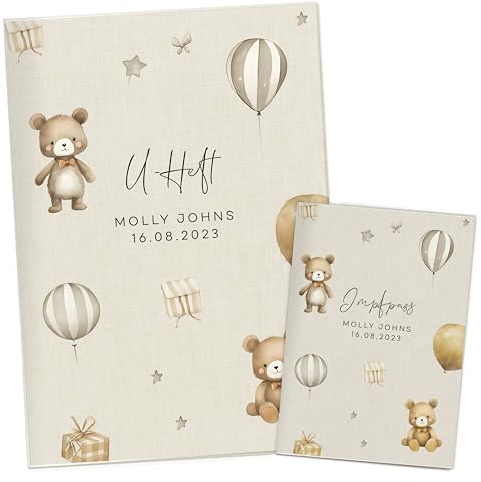 NORDEULE® U-Hefthülle und Impfasshülle Set mit Namen Geburtsdatum personalisierbar | Schutzhülle mit Design-Einsatz mit Aquarellmotiv Bären (Molly Beige, U-Heft & Impfpasshülle)