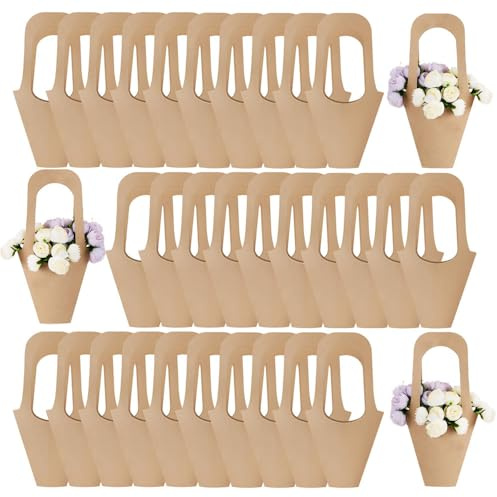 30 Pcs Kraft Paper Flower Gift Bags Bouquet Bags with Handle, Creative Cone Flower Sleeves Wrapping Paper for Home Florist Wedding Decor (Brown)