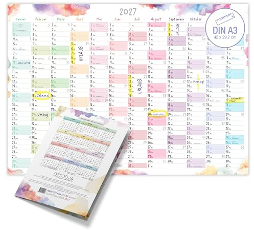 TOBJA® DIN A3 Wandkalender 2027 Aquarell Splash Querformat – Jahresplaner mit KW, große Felder zum Eintragen, FSC-Papier, Feiertage – Rückseite mit Jahresplanung | Jahreskalender A3 Wandplaner