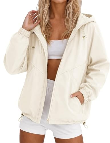 Lightweight Waterproof Jacket Womens Rain Coats for Women Summer Long Sleeve Full Zip Raincoat with Hooded Breathable Windbreaker Softshell Jackets with Pockets for Hiking Walking Cycling Outwear