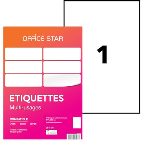 OFFICE STAR - 100 Étiquettes Autocollantes Multi-Usages Blanches Personnalisables Imprimables - Format 210 x 297 mm - Impression Laset Jet d'Encre et Copieur
