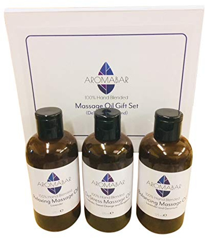 Relaxing Massage Oil Gift Set (3 x 125ml) Lavender, De-Stress and Balancing oils Boxed