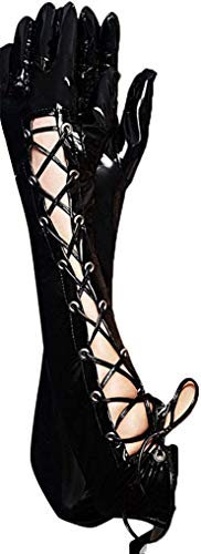 Schwarze wetlook Lack Dessous Handschuhe mit Schnürung L/XL