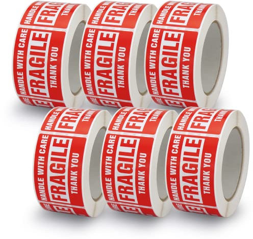 6 Rollen, 50mm x 75mm, Warnaufkleber für zerbrechliche Waren, 3000 Etiketten werden verwendet, um die Verpackung zu schützen, HANDLE with CARE FRAGILE THANK YOU