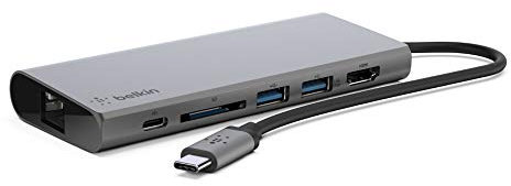 Belkin Hub Multimédia USB-C avec Câble USB-C Intégré (Dock USB-C pour Ordinateurs Portables Équipés d'un Port USB-C et Fonctionnant sous Mac OS ou sous Windows, 1 port HDMI, 1 port Gigabit Ethernet )