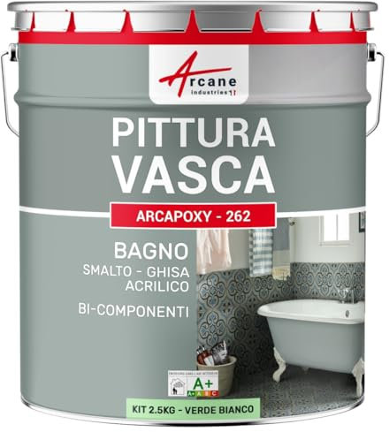 Peinture BAIGNOIRE LAVABO : Résine Salle de Bain pour Baignoire émail, acrylique et fonte - 2.5 kg (jusqu'à 8 m² en 2 couches) Vert Blanc - RAL 6019 - ARCANE INDUSTRIES