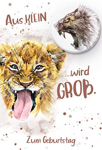 KE - Humorvolle Geburtstagskarte mit Button, DIN B6 Format, Inklusive Umschlag, Klappkarte Design - Motiv Löwe
