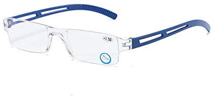 KoKoBin Blue Light Blocking Lightweight Reading Glasses for Mens Womens Rimless Rectangle Readers(Blue，+2.0)