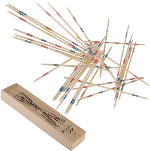 MIJOMA Holz Mikado-Spiel Pick-up-Sticks, in Holzbox, traditionelles Geschicklichkeitsspiel mit punktebasierter Markierung