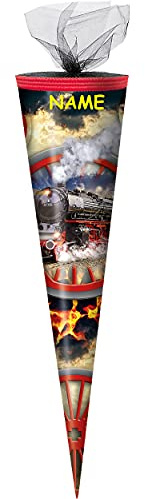 alles-meine.de GmbH Schultüte Größe + Motiv wählbar inkl. Name - rund - Zuckertüte - Tüllabschluß - Junge - Eisenbahn Lok Dampflokomotive Dampflok Zug Lokomotive Fahrzeug Fah..