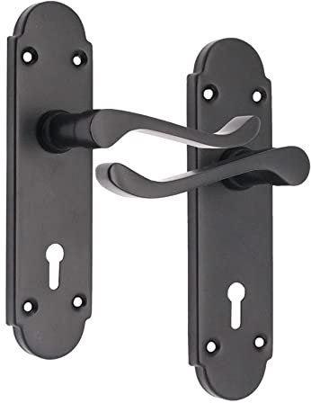 Infinity Decor Pair of Zinc 168x40mm Victorian Scroll Lever Door Pull Handles on Shaped Backplate in Matt Black for Internal and External Use