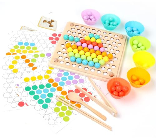 BANGTING Jouet en Bois Montessori, Jeux Montessori 3 Ans, Perles Montessori, Motricité Fine Éducation Précoce Reconnaissance des Couleurs Baguettes Agrafe Perles Mains Entraînement Cérébral
