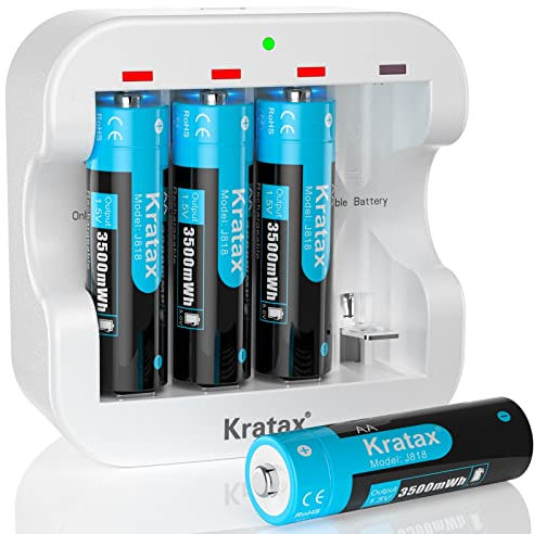 Lithium AA Battery with Charger,Kratax 3500mWh 1.5V AA Rechargeable Batteries,Constant Output,1600 Cycles Rechargeable Battery AA Size[4*AA Battery+Charger]