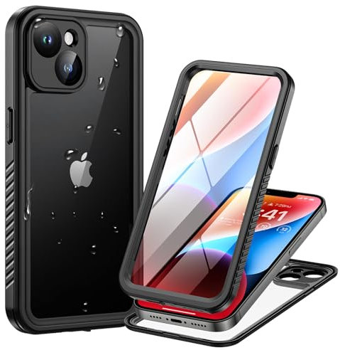 Lanhiem für iPhone 14 Hülle Wasserdicht,Handyhülle für iPhone 14 Schutzhülle Wasserfest,360 Outdoor Case Stoßfest Staubdicht Panzerhülle mit Kameraschutz/Eingebautem Displayschutz,Schwarz