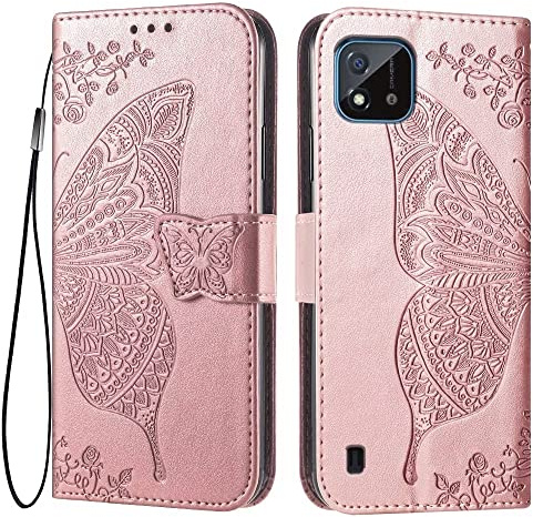 EASSGU Leder Handyhülle für Realme C11 (2021) (6.52 Inches) Flip-Folio Magnetische Hülle mit 3 Kartenfach, 1 Wallet, Sturzfeste, Kratzfeste Case - Roségold