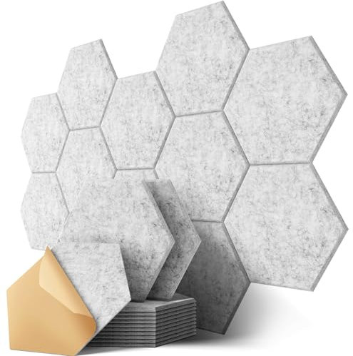 Panneaux Acoustiques Hexagonal Auto-Adhésif, 12 Pack Mousse Acoustique Haute Densité pour la Décoration Mur/Porte/Plafond et le Traitement Acoustique, Insonorisation Phonique Mur (30x26x0.9cm)