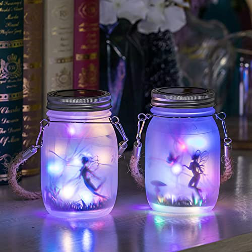 2 Pack Solar Fairy Lanterns Outdoor,Frosted Glass Mason Jar Lamp with 30 LEDs Waterproof Hanging Lamp Garden Decoration Accessories for Courtyard Lawn,Terrace,Indoor Decor