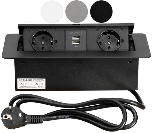 Brollux Enchufe empotrable retráctil de 2 enchufes con USB negro con apertura suave de aluminio fundido con cable de conexión de 1,5 m