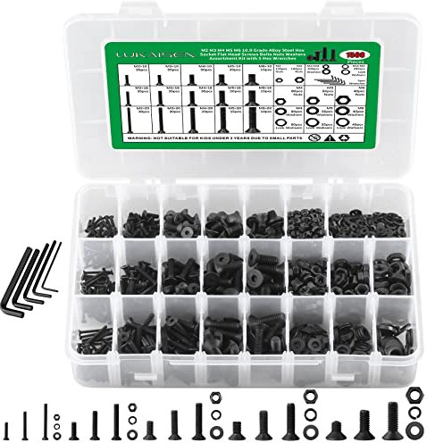 1500Stk Schrauben und Muttern Sortiment Set, M2/M3/M4/M5/M6 Schraubenset mit Sechskantmuttern und Unterlegscheiben, 10,9er Kohlenstoffstahl Sechskant-Inbusschrauben Set inklusive Schraubenschlüssel