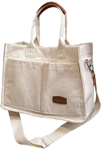 HAN-LBG Sac Fourre-Tout en Velours Côtelé pour Femme avec Plusieurs Poches, Sac à Main de Loisirs, Bandoulière Double pour le Shopping, le Travail, les Voyages