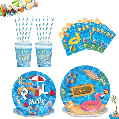 60 Stück Sommer Pool Party Zubehör Geschirr Set,Pool Partygeschirr Set,Hawaiian Party Geschirr Set,appbecher Pappteller Servietten Stroh für Schwimmbad Party