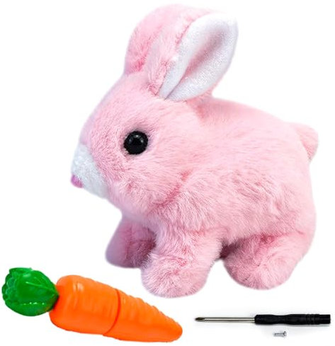LYINUR Interactive Rabbit Toy with Carrot, Easter Bunny Toy Pet Hopping Plushie, Realistic Walking Jumping Rabbit Toys, Funny Plush Stuffed Bunny Pal with Sounds and Movements, Pink